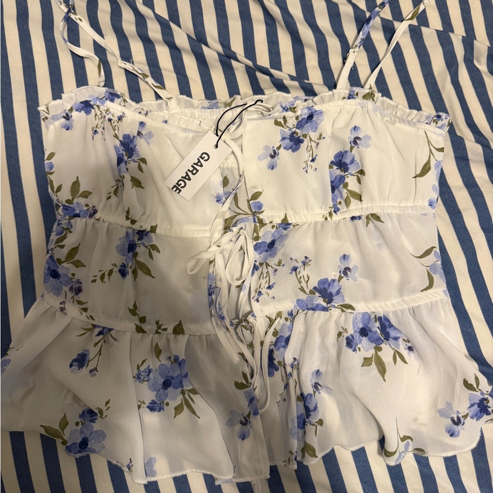 GARAGE White Cami with Blue Floral Ruffle Tiers